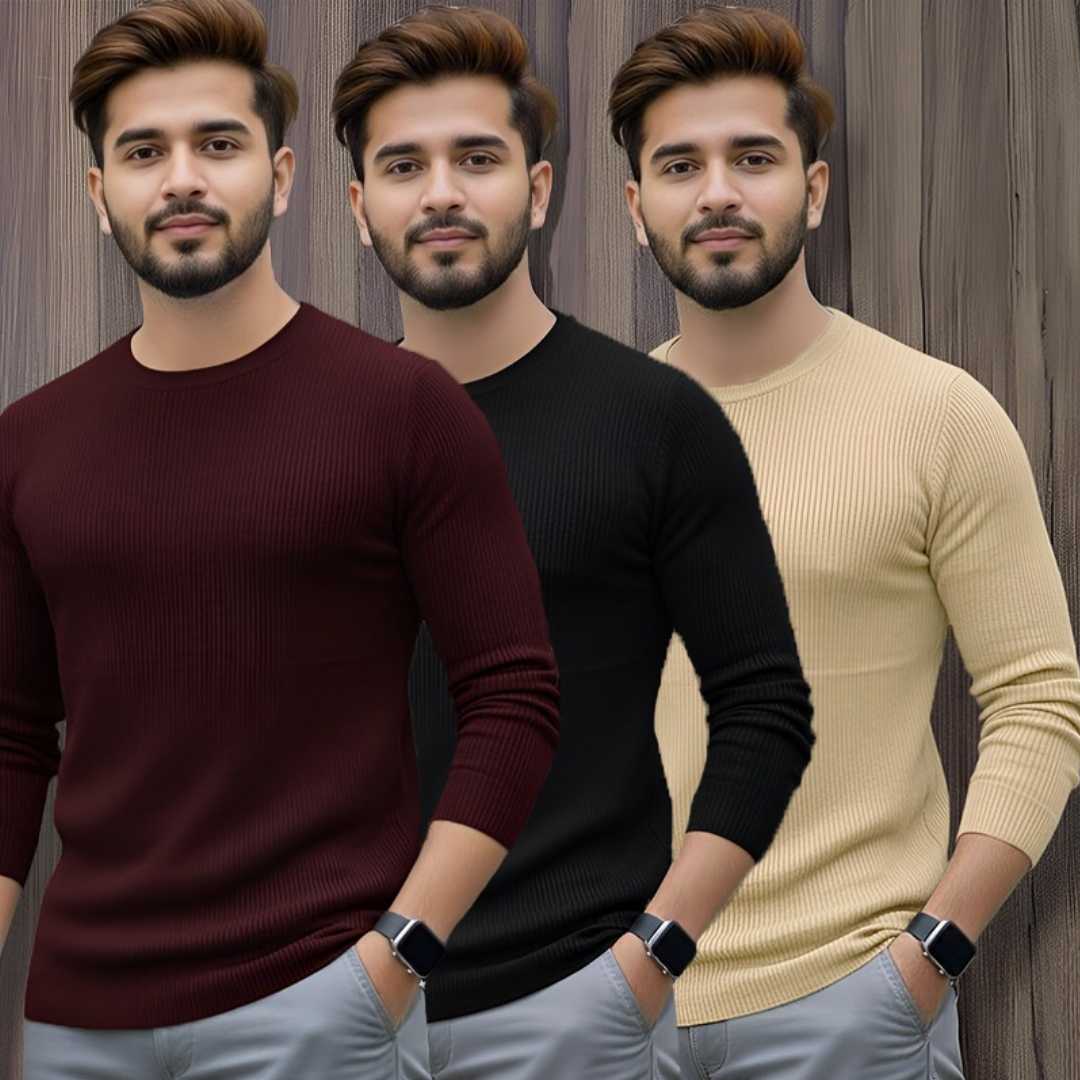 Men's,Premium,2/2,Rib,Full,Sleeve,T-shirt,3,pcs,Combo