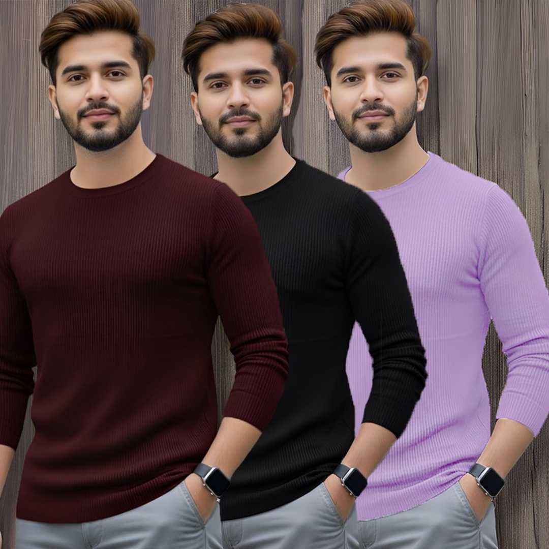 Men's,Premium,2/2,Rib,Full,Sleeve,T-shirt,3,pcs,Combo