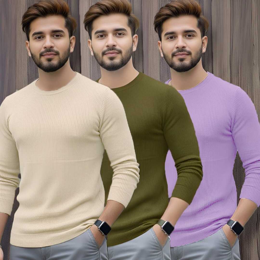 Men's,Premium,2/2,Rib,Full,Sleeve,T-shirt,3,pcs,Combo